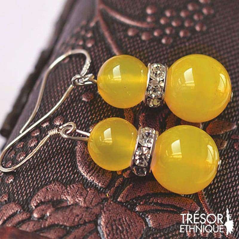 Boucles Doreilles En Cristaux Vertueux Lithothérapie Agate Jaune Trésor Ethnique