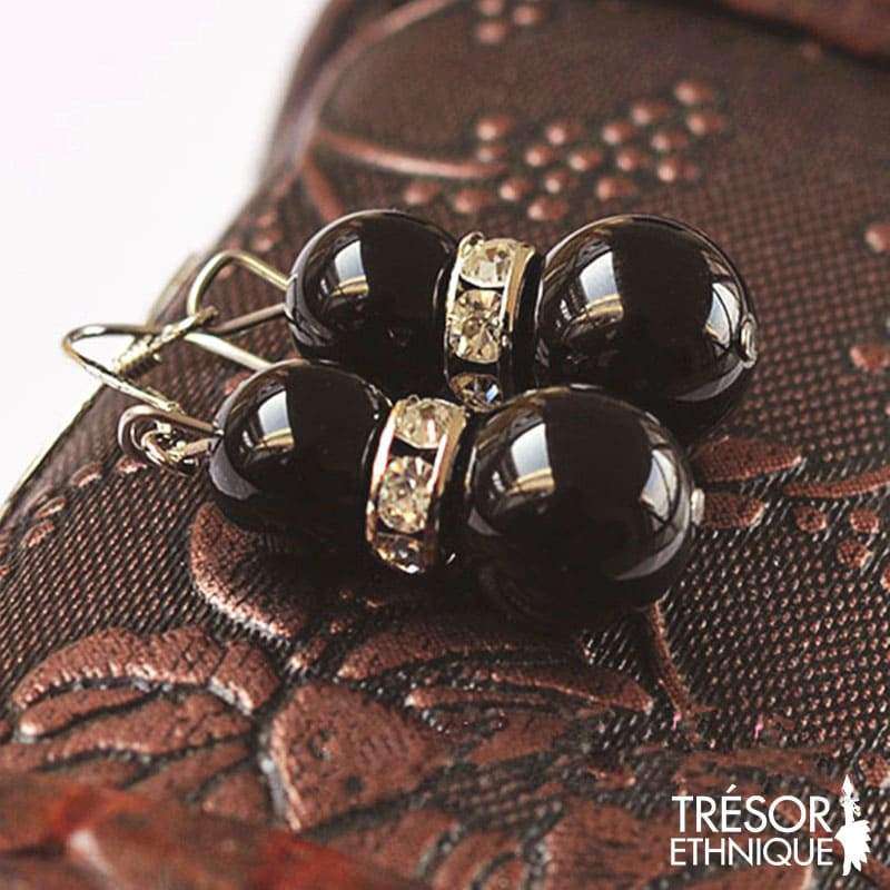 Boucles Doreilles En Cristaux Vertueux Lithothérapie Agate Noire Trésor Ethnique