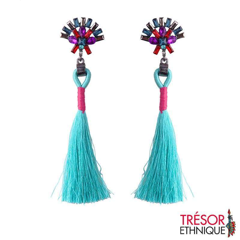 Boucles Doreilles Fleur Étoilée Cyan Trésor Ethnique