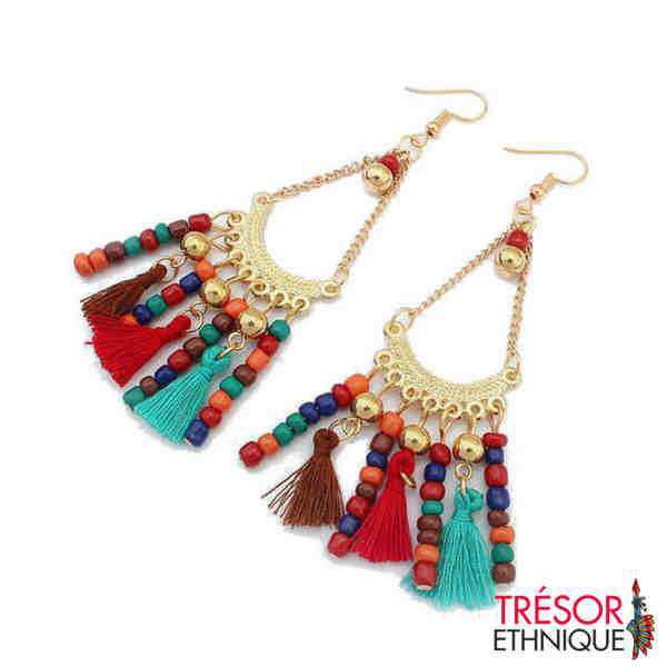 Boucles Doreilles Perle De Laine Multicolore Trésor Ethnique