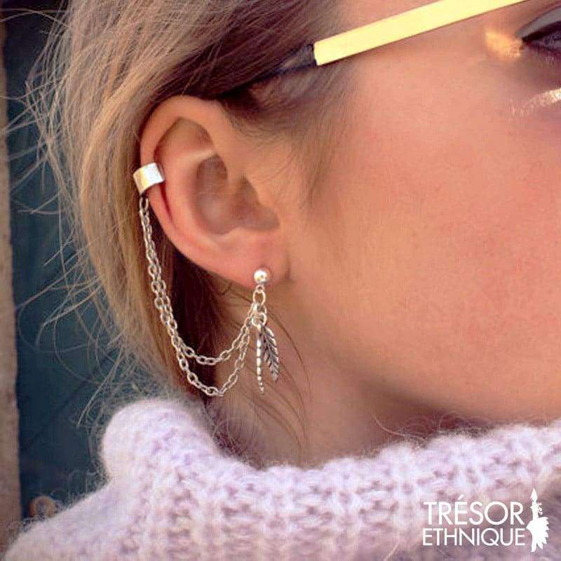Boucles Doreilles Plumes Argentées Trésor Ethnique