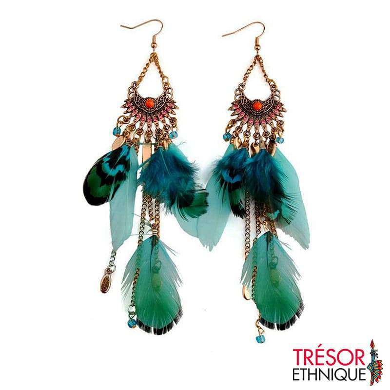 Boucles Doreilles Plumes Cérémonielles Feuillage Trésor Ethnique