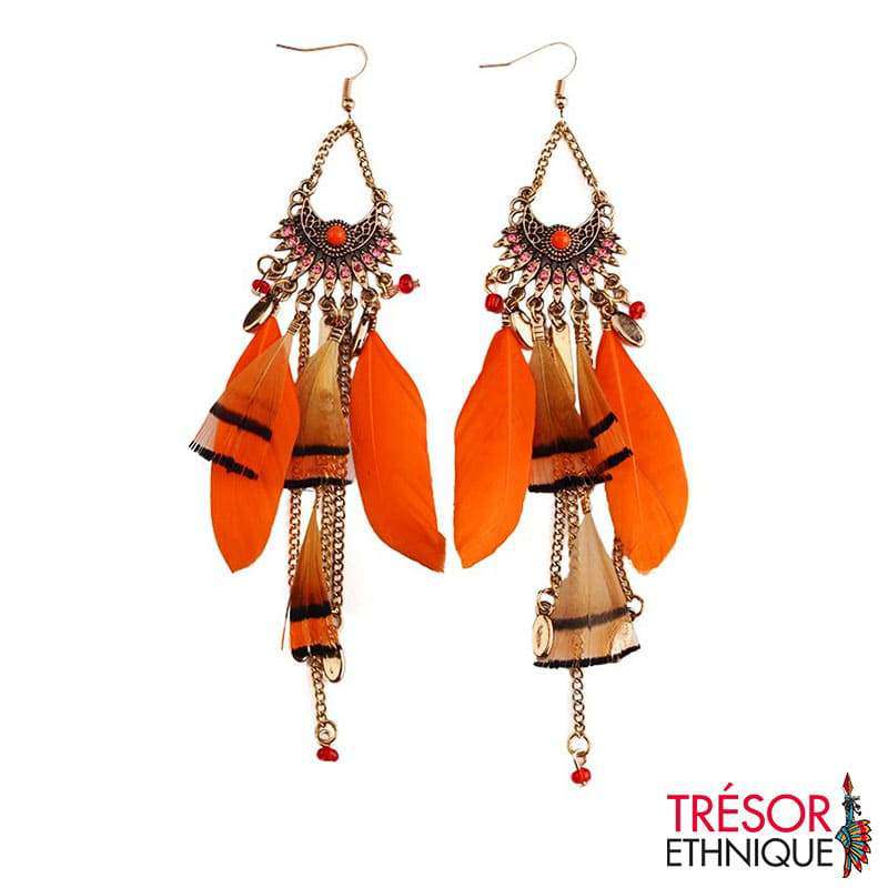 Boucles Doreilles Plumes Cérémonielles Tangerine Trésor Ethnique