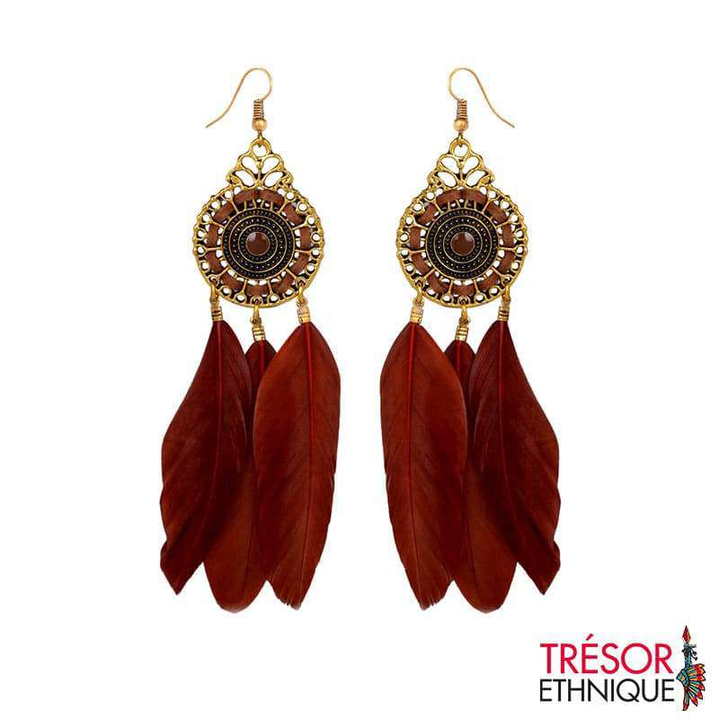 Boucles Doreilles Plumes Châtains Trésor Ethnique