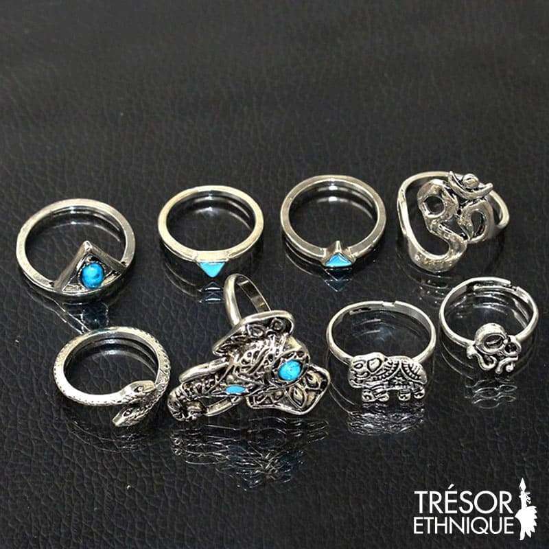Collection De 8 Bagues Brahma & Shakti Argent Trésor Ethnique