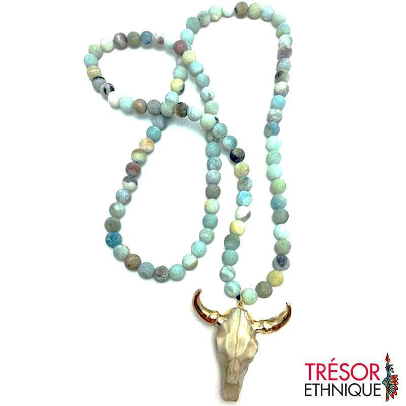 Collier De Perles En Amazonite Naturelle Et Tête De Taureau Trésor Ethnique