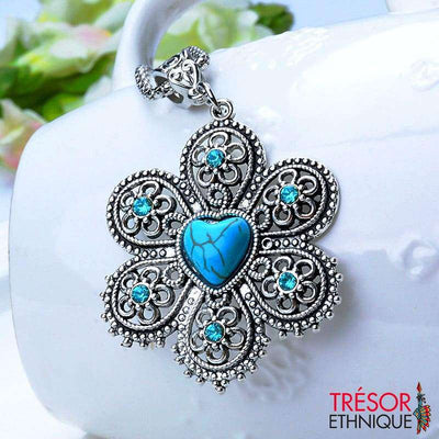 Pendentif Romantique Fleur De Turquoise Coeur Trésor Ethnique