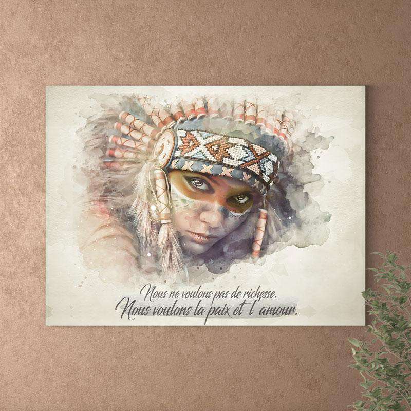 Canva d'une Femme Lakota avec Couronne de Plumes Traditionnelle, avec effet paint