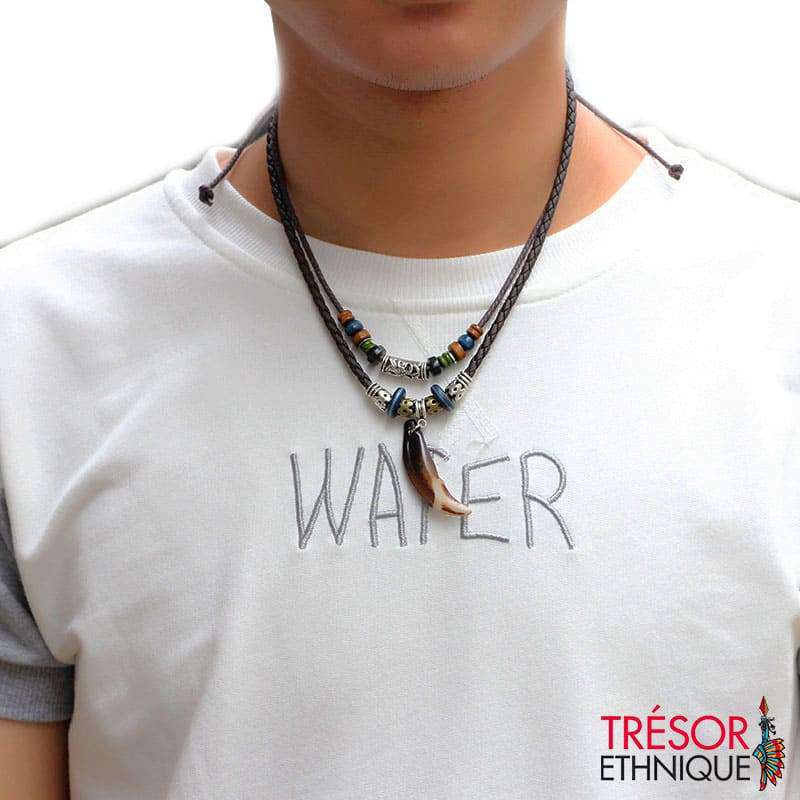 Pendentif Griffe De Loup Tressé En Cuir Trésor Ethnique