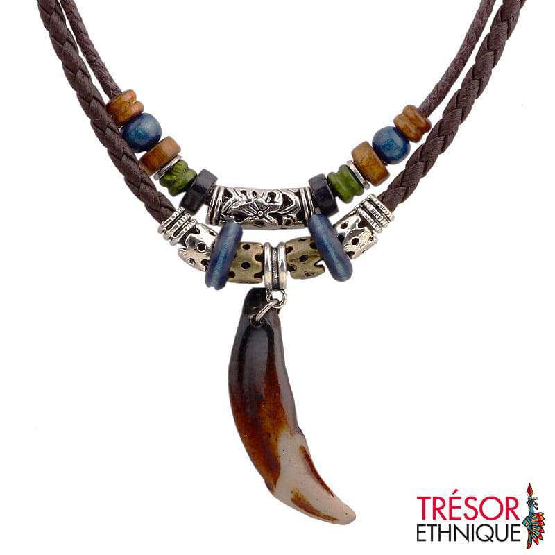 Pendentif Griffe De Loup Tressé En Cuir Trésor Ethnique