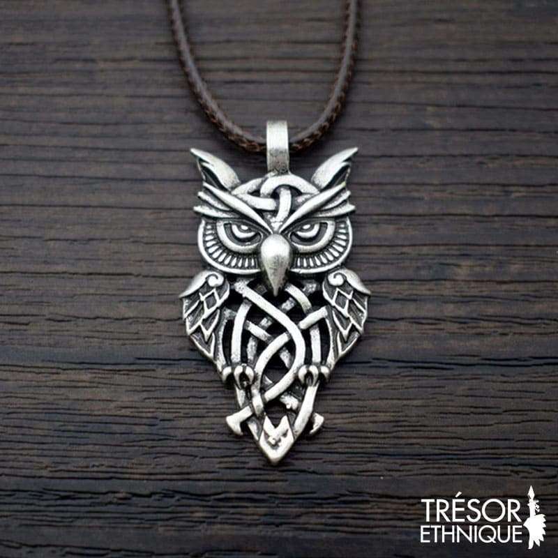 Pendentif Hibou Lunatique Argent & Corde Marron Trésor Ethnique