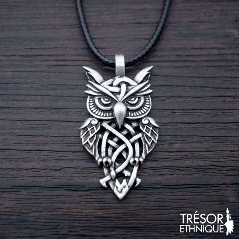 Pendentif Hibou Lunatique Argent & Corde Noire Trésor Ethnique