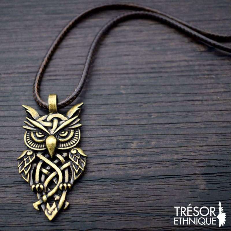 Pendentif Hibou Lunatique Bronze & Corde Marron Trésor Ethnique