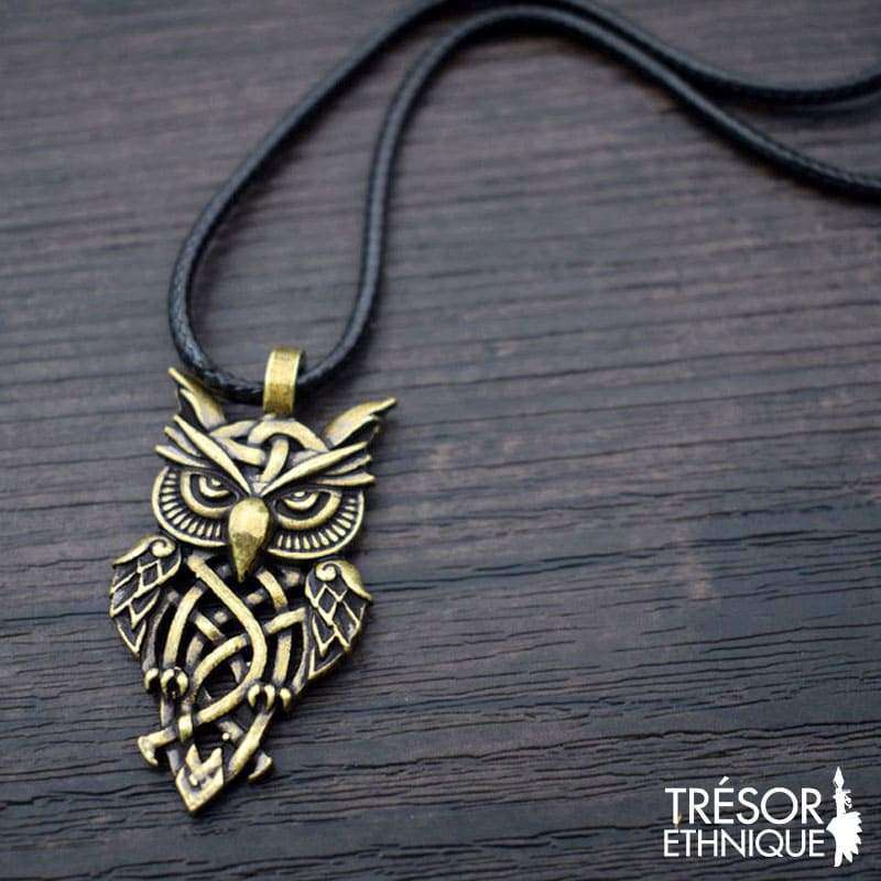 Pendentif Hibou Lunatique Bronze & Corde Noire Trésor Ethnique